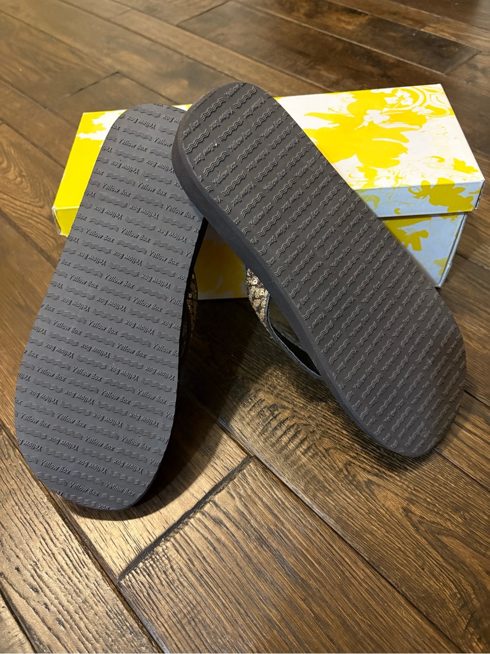 Yellow Box Brown Platform Flip Flop Sandals with Bronze Embellished Straps - Picture 3 of 4